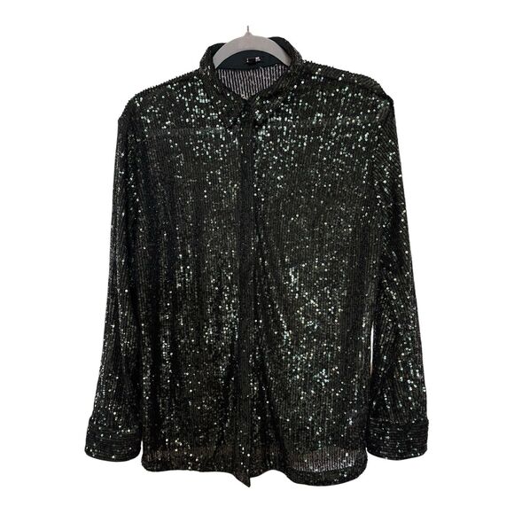 NWT Express Women’s Relaxed Portofino Green Sequin Button Up Shirt Medium - Picture 1 of 8
